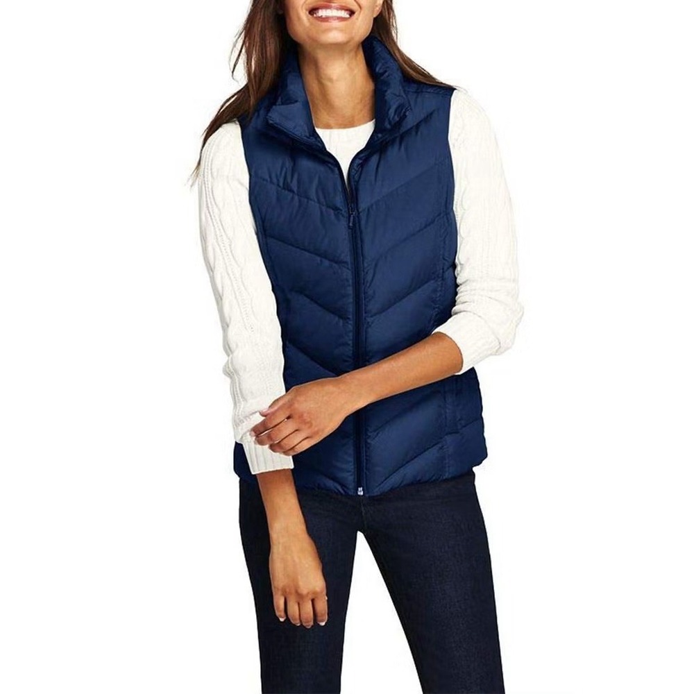 Lands End Quilted Puffer Down Vest Women S Blue Full Zipper‎ High Collar Pockets